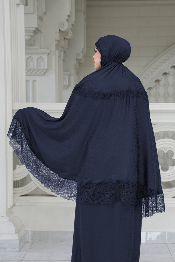 safa prayer robe in navy by buttonscarves back view