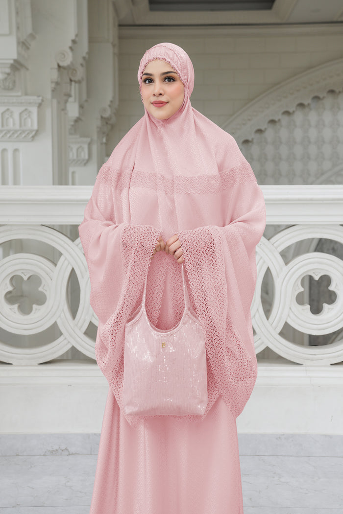 safa prayer robe in pink by buttonscarves front view