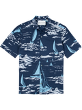 Navy blue sailboat-print short-sleeve shirt, Hawaiian-inspired, front view.