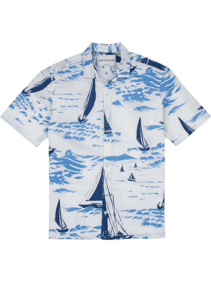 Blue and white sailboat-print short-sleeve shirt in cotton lawn pucker fabric, front view.