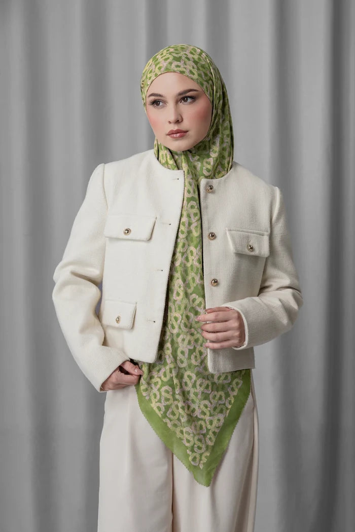 samla de fleur tie back square scarf in olive branch by buttonscarves style look