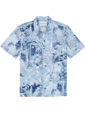 Blue and white tropical leaf-print cotton Hawaiian shirt with visible collar, front view.