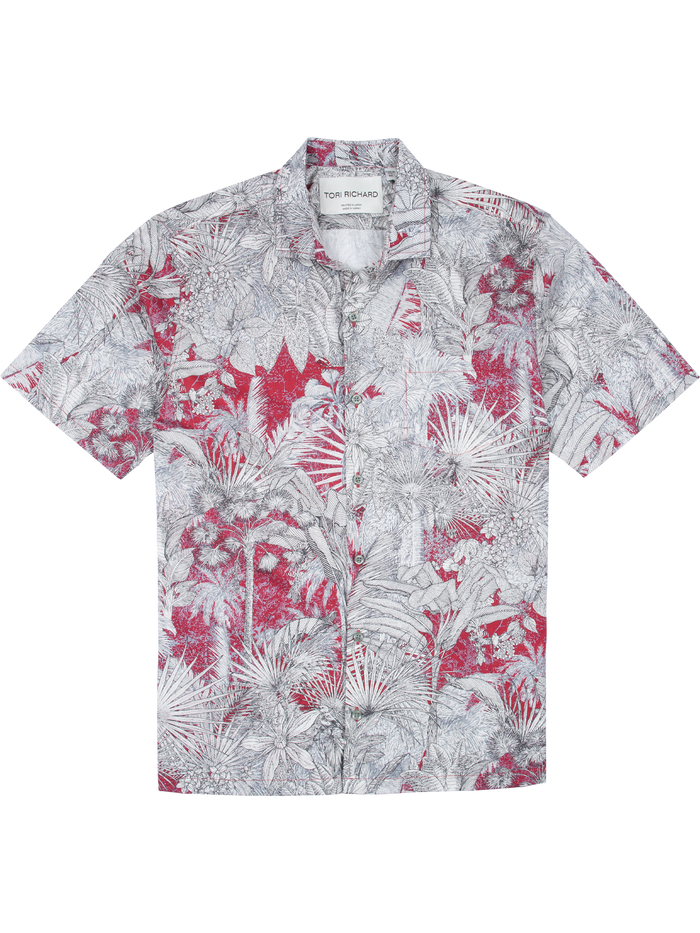 Red and white tropical leaf-print cotton lawn shirt, lightweight fabric, front view.