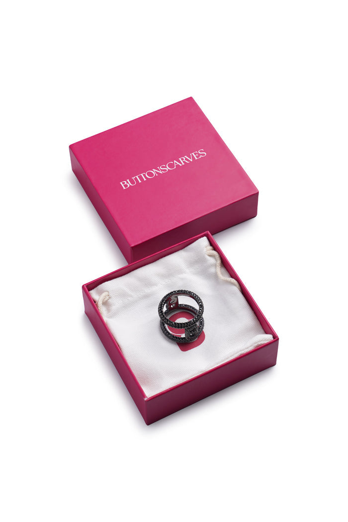 sandra ring brooch in hematite by buttonscarves packaging details