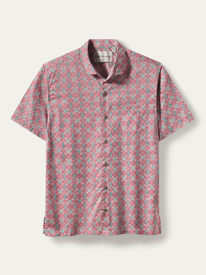 Pink, blue, and white geometric-print short-sleeve cotton shirt, shown in front view.