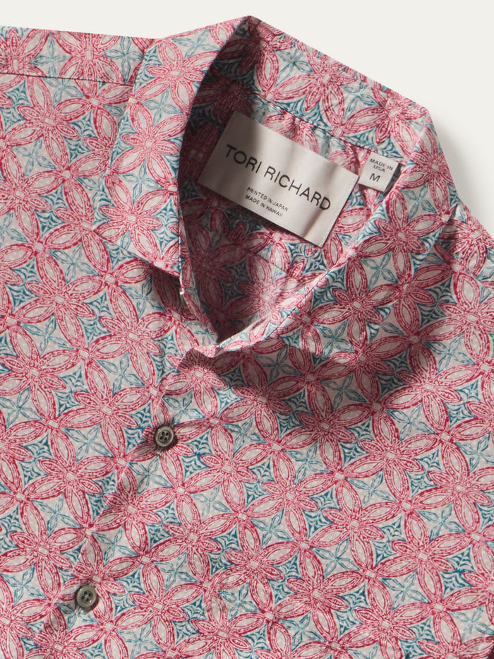 Pink and teal floral-print cotton lawn shirt, front view.
