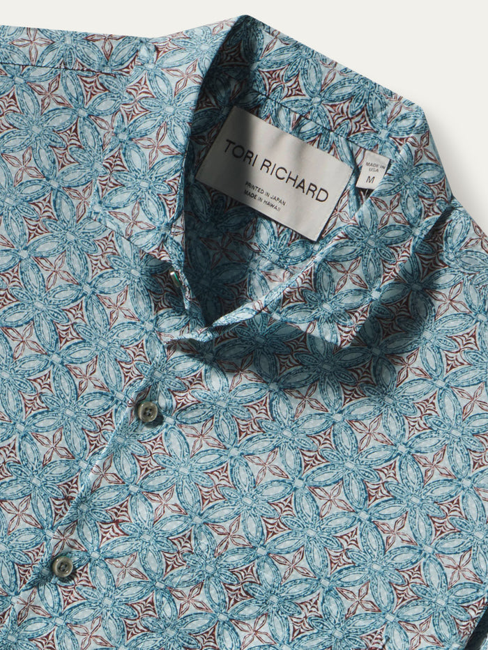 Blue Sanganeri-print cotton lawn shirt, flat lay on white background in front view.