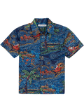 Navy tropical-print cotton shirt with palm trees, waves, and horses; front view.