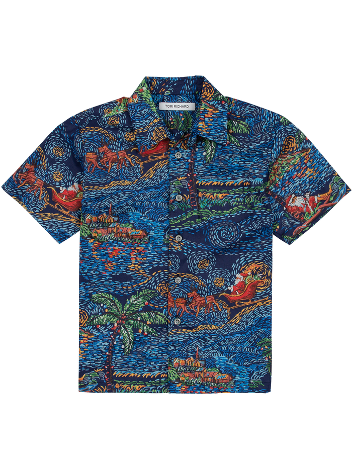 Navy tropical-print cotton shirt with palm trees, waves, and horses; front view.