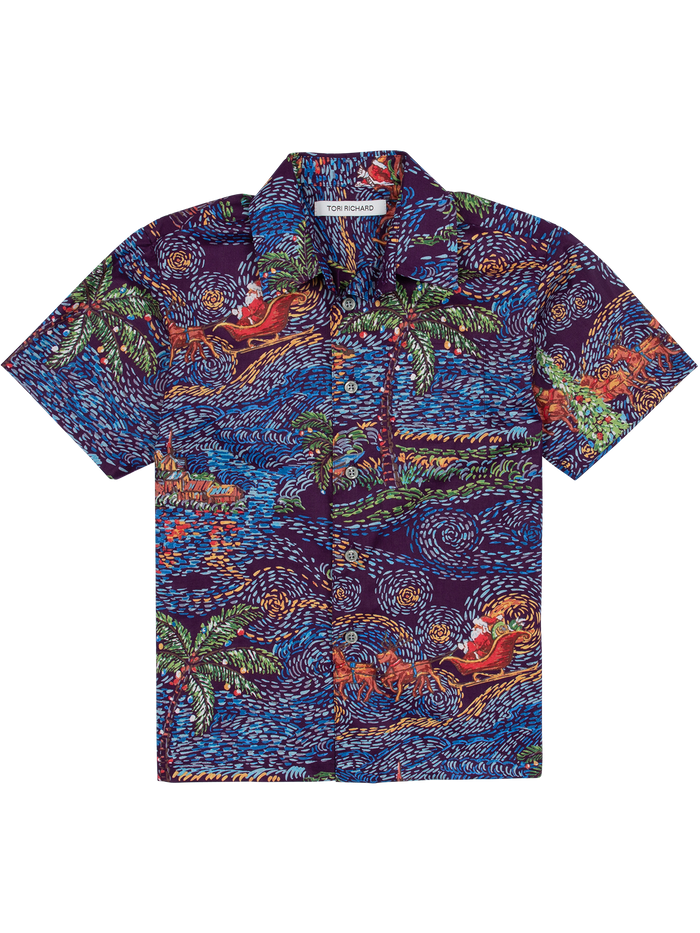 Front and back views of a multicolor tropical palm, wave, and swirl-print short-sleeve cotton shirt.