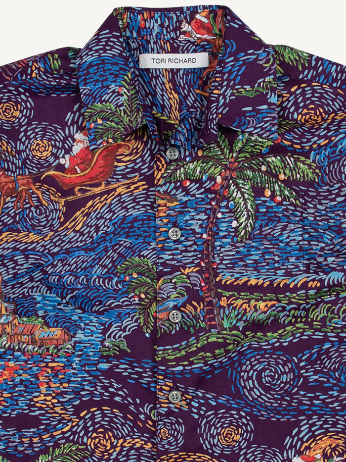 Multicolor swirled & palm-print cotton Hawaiian shirt, Tori Richard collar, front view.