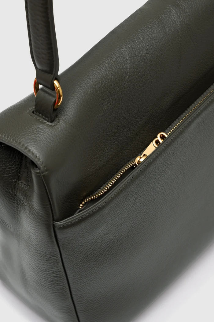 savina bag pebble leather in dark olive by buttonscarves zipped pocket