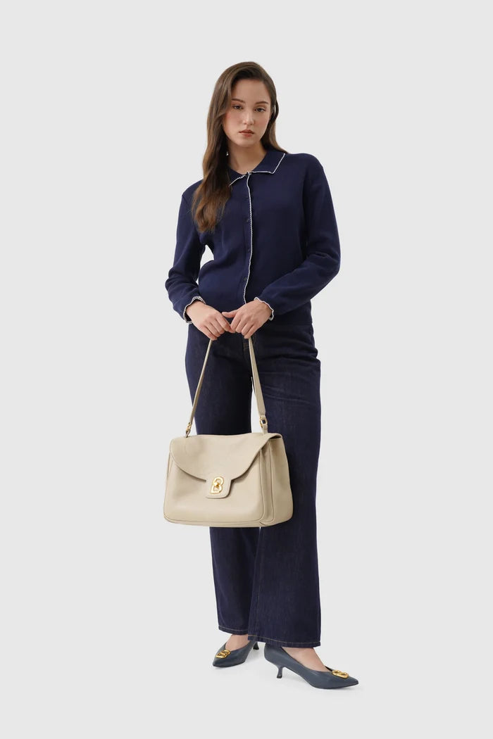 savina bag pebble leather in taupe by buttonscarves hand carried style