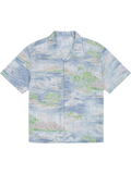 Blue and green tropical island-print short-sleeve button-up shirt, front view.