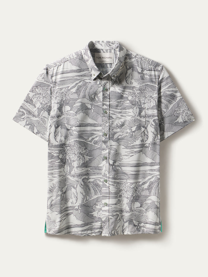 Gray and white nature-print short-sleeve shirt with UPF, front view.