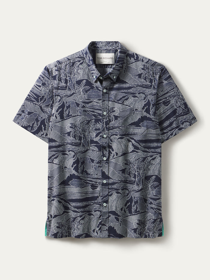 Navy with white tropical print short-sleeve shirt, front and angled views.