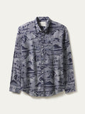 Navy and white vintage nature-print long-sleeve button-up shirt shown flat lay.