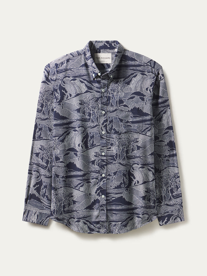 Navy and white vintage nature-print long-sleeve button-up shirt shown flat lay.