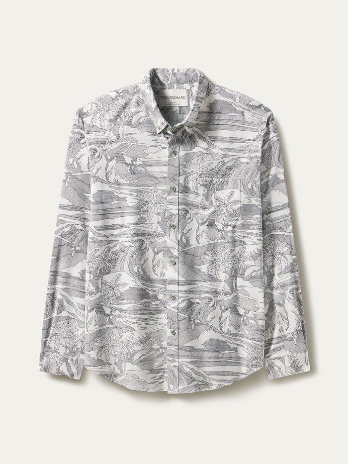 Gray and white jungle-print long-sleeve UPF shirt, laid flat on light background.