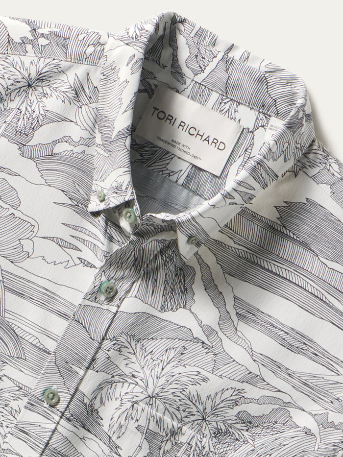 White shirt with black tropical line art print, long sleeves, visible Tori Richard label shown.
