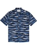 Blue ocean wave print short-sleeve cotton shirt, white collar label; flat lay, front and detail view.