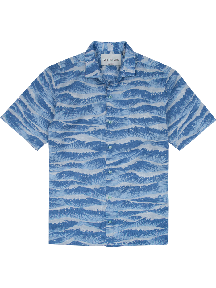 Sky Blue Ocean wave-print short-sleeve cotton shirt laid flat lay, front view.