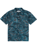 Blue shirt with white whale and manta ray print, short sleeves or button-down cotton, front view.