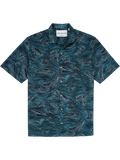 Teal cotton lawn shirt with black and white ocean and fish print, laid flat.