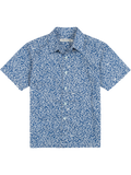 The Shark Tank - Boy's is a short-sleeve cotton shirt with a blue and white abstract print, pointed collar, relaxed fit, and button-up front, made in Hawaii.