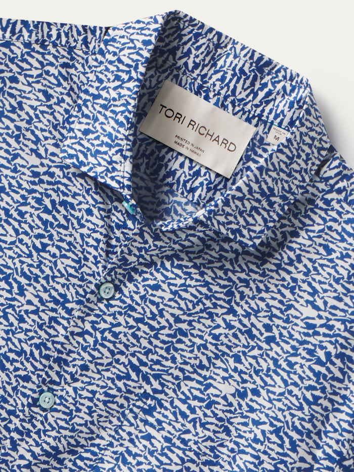 Blue and white abstract-print cotton shirt, collared with two buttons, front view