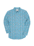 Light blue fish-print long-sleeve shirt, shown flat on white background.