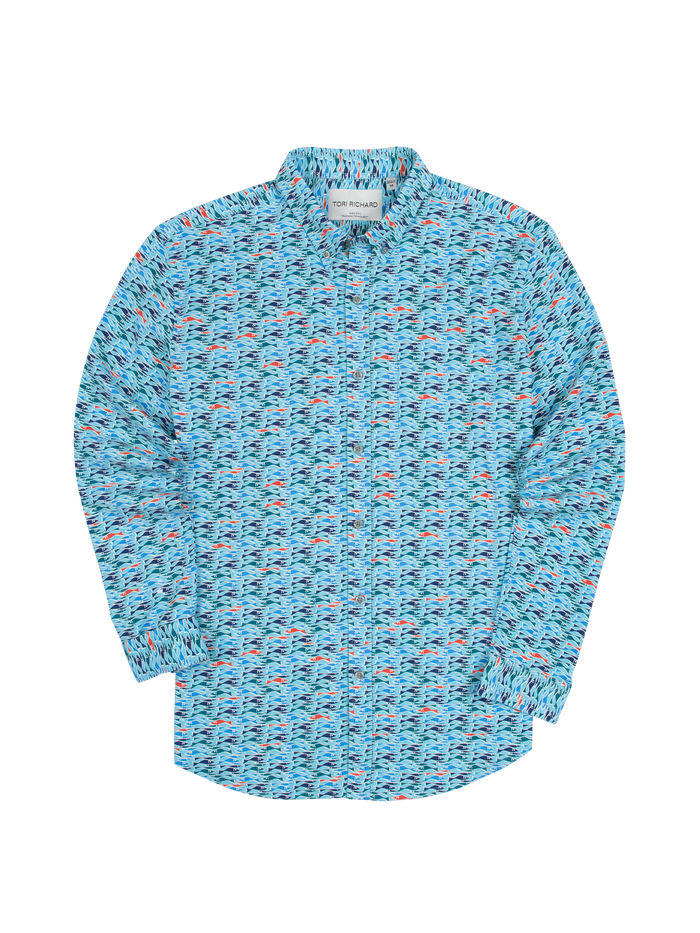 Light blue fish-print long-sleeve shirt, shown flat on white background.