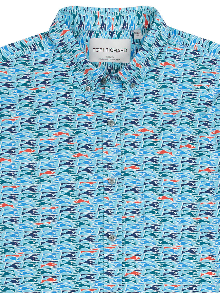 Light blue fish-print long-sleeve shirt, Tori Richard label. With Tradewind Technology.