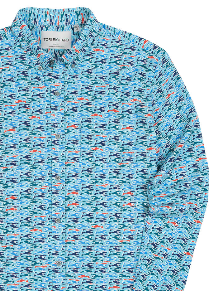 Blue fish-print long-sleeve shirt, quick-drying fabric, Tradewind Technology®, front and side detail views.