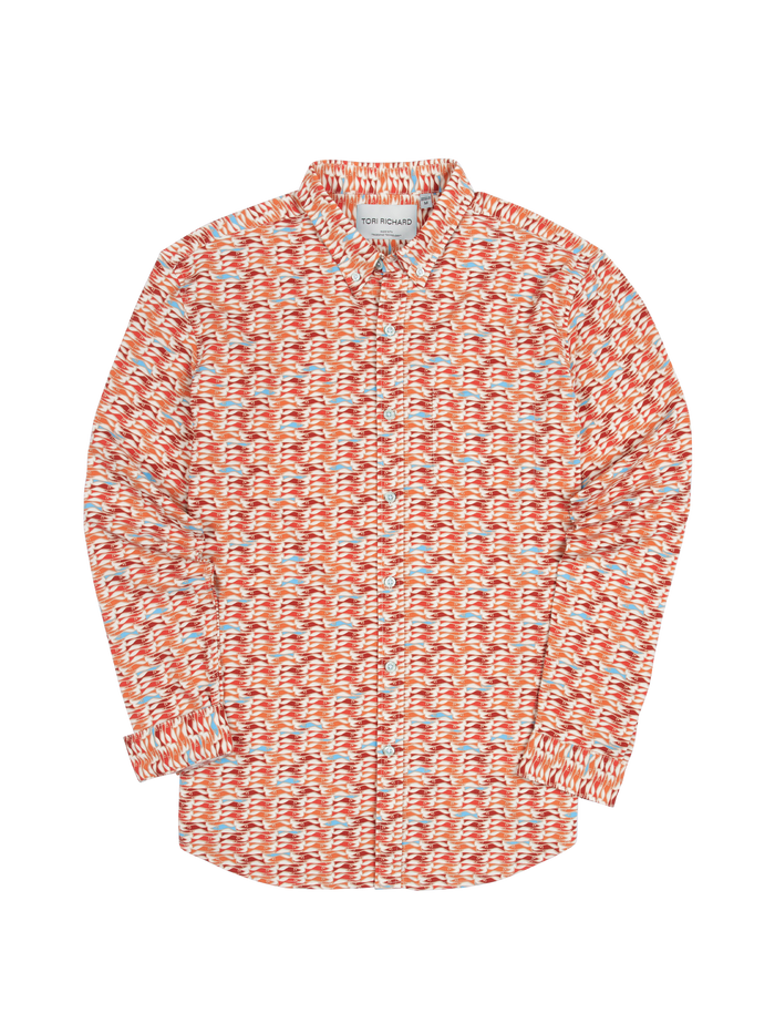 Red and orange fish patterned long-sleeve shirt, front (quick-dry) and side (moisture-wicking) views.