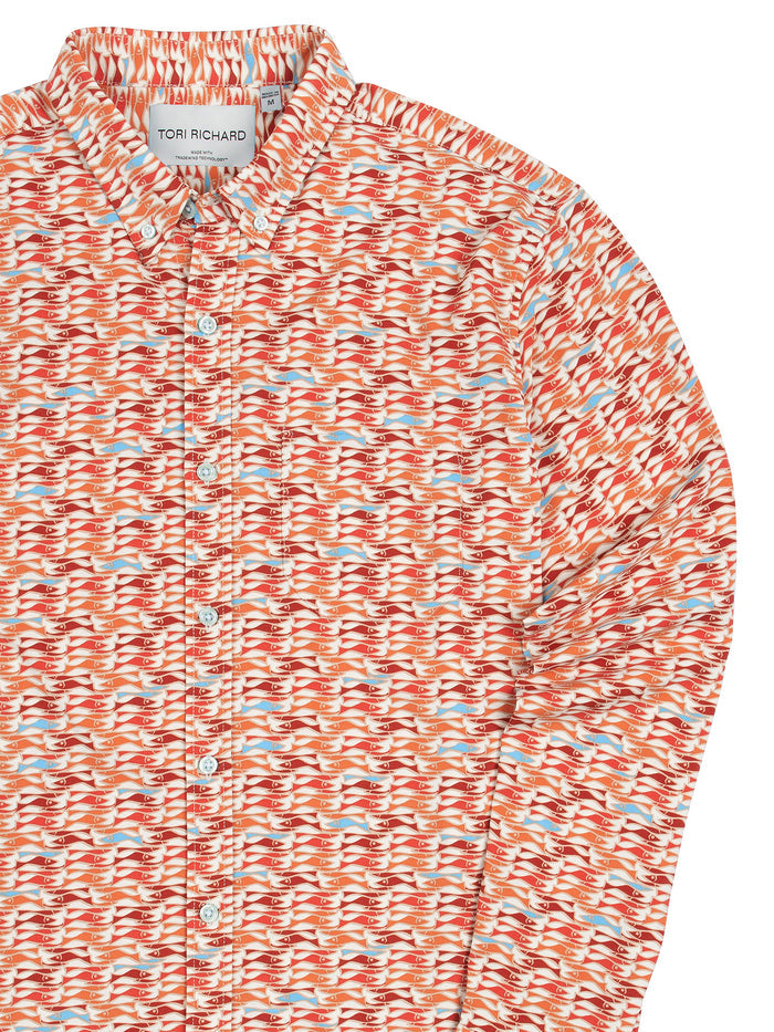 Orange, white, and blue fish-print long-sleeve shirt, quick-dry fabric, Tradewind Technology®, front view.