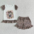 Short sleeve ruffles leopard shorts summer outfits $ 5.5