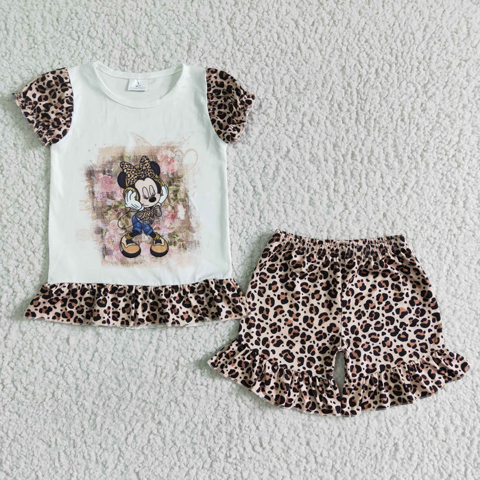 Short sleeve ruffles leopard shorts summer outfits $ 5.5