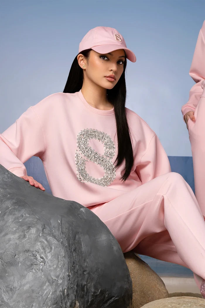 signature embellished crop sweatshirt in pink by buttonscarves style look