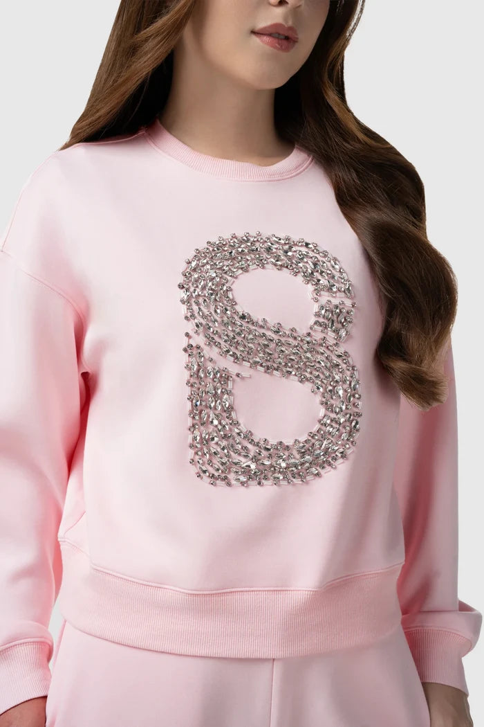 signature embellished crop sweatshirt in pink by buttonscarves