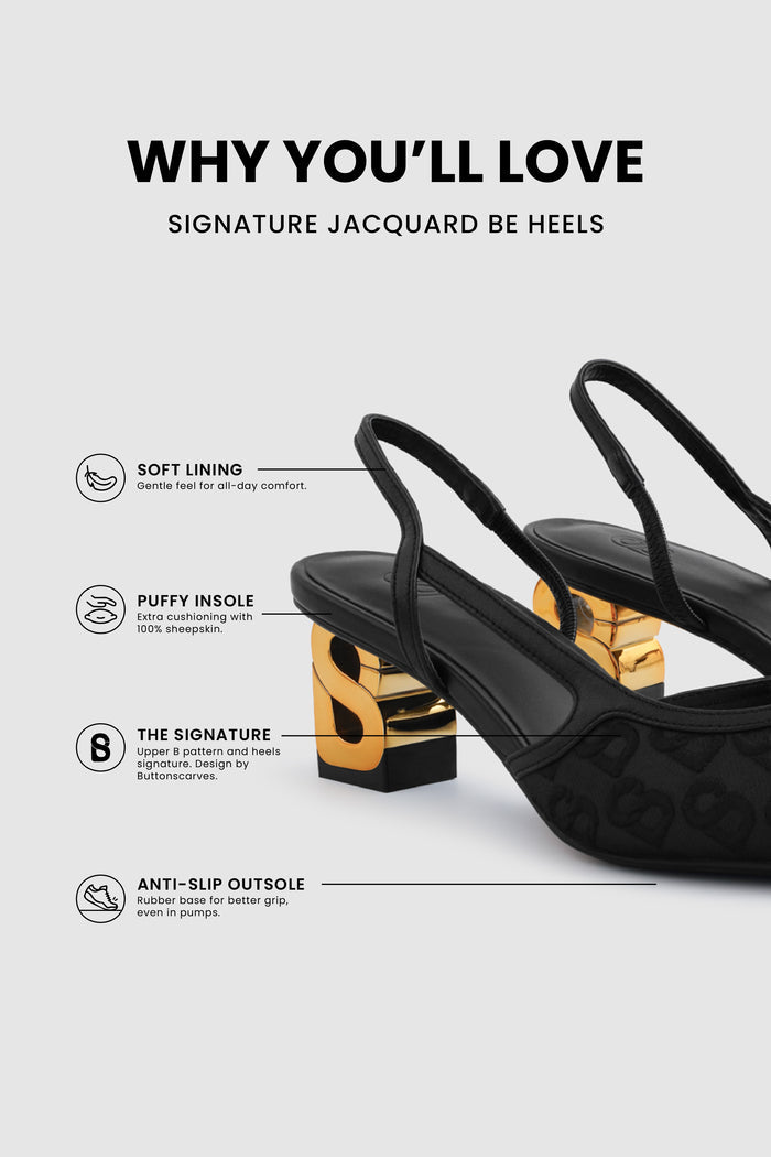 signature jacquard be heels in black by buttonscarves feature overview