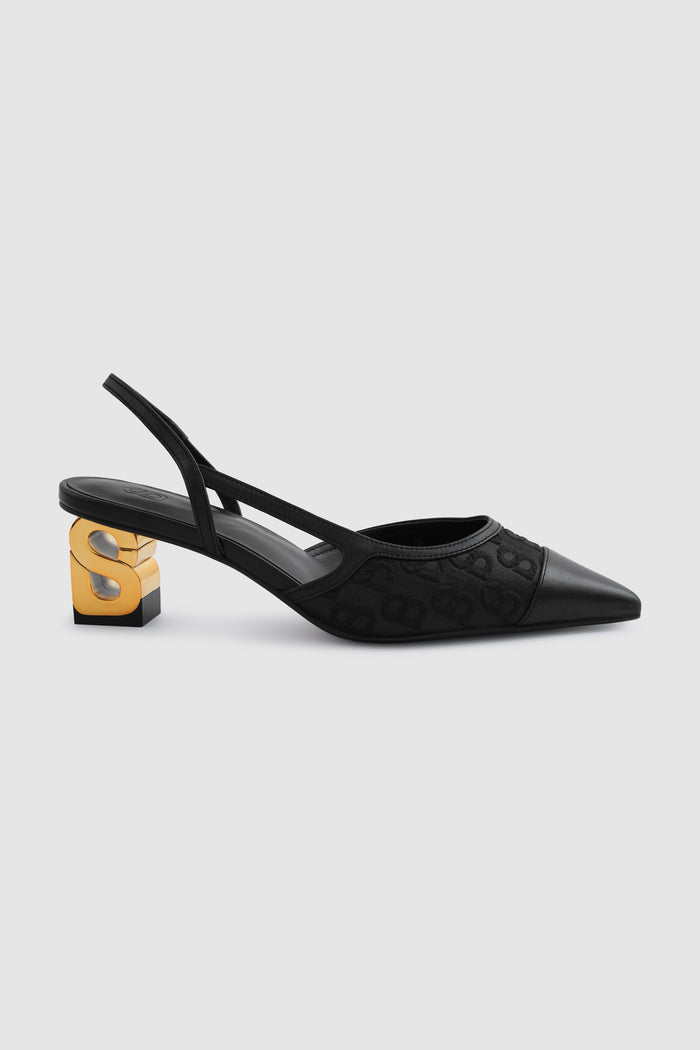 signature jacquard be heels in black by buttonscarves side view