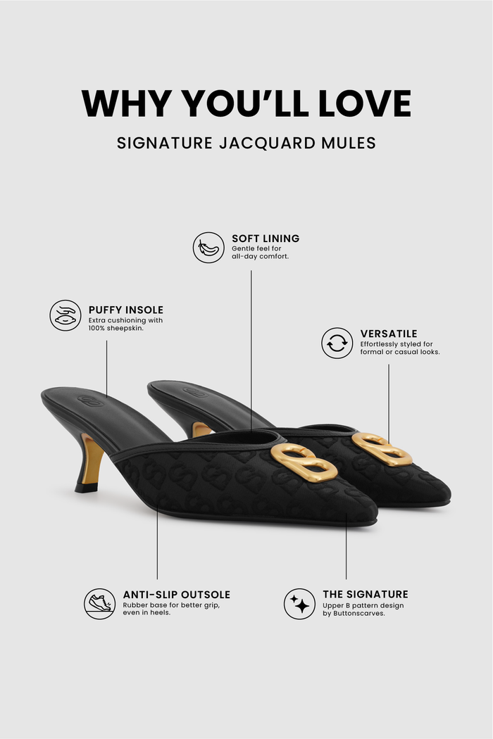 signature jacquard mules in black by buttonscarves feature overview