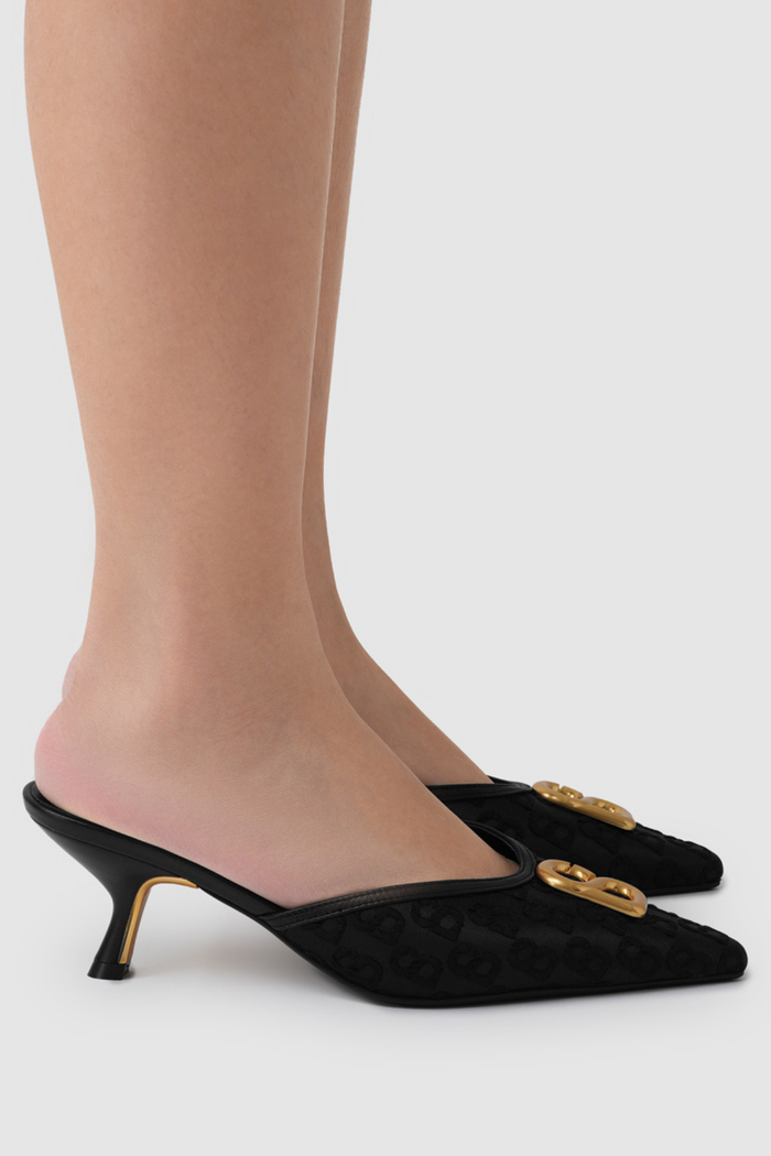 signature jacquard mules in black by buttonscarves worn side view
