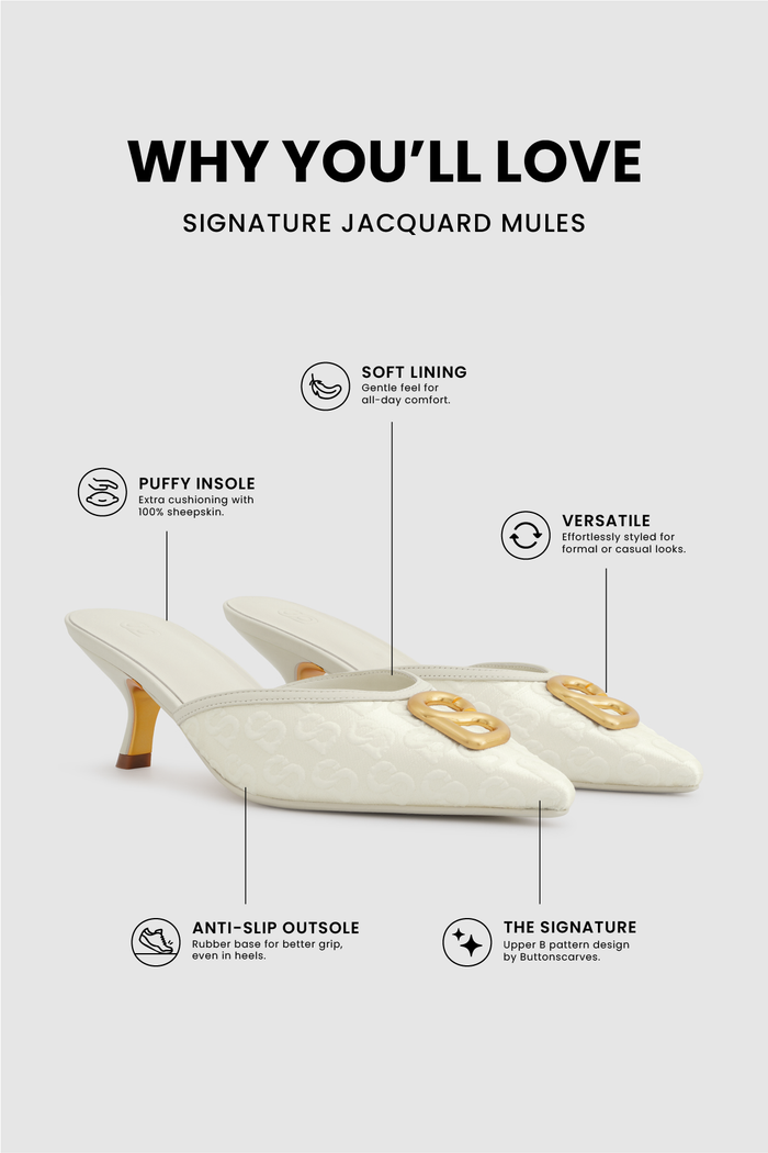 signature jacquard mules in broken white by buttonscarves feature overview