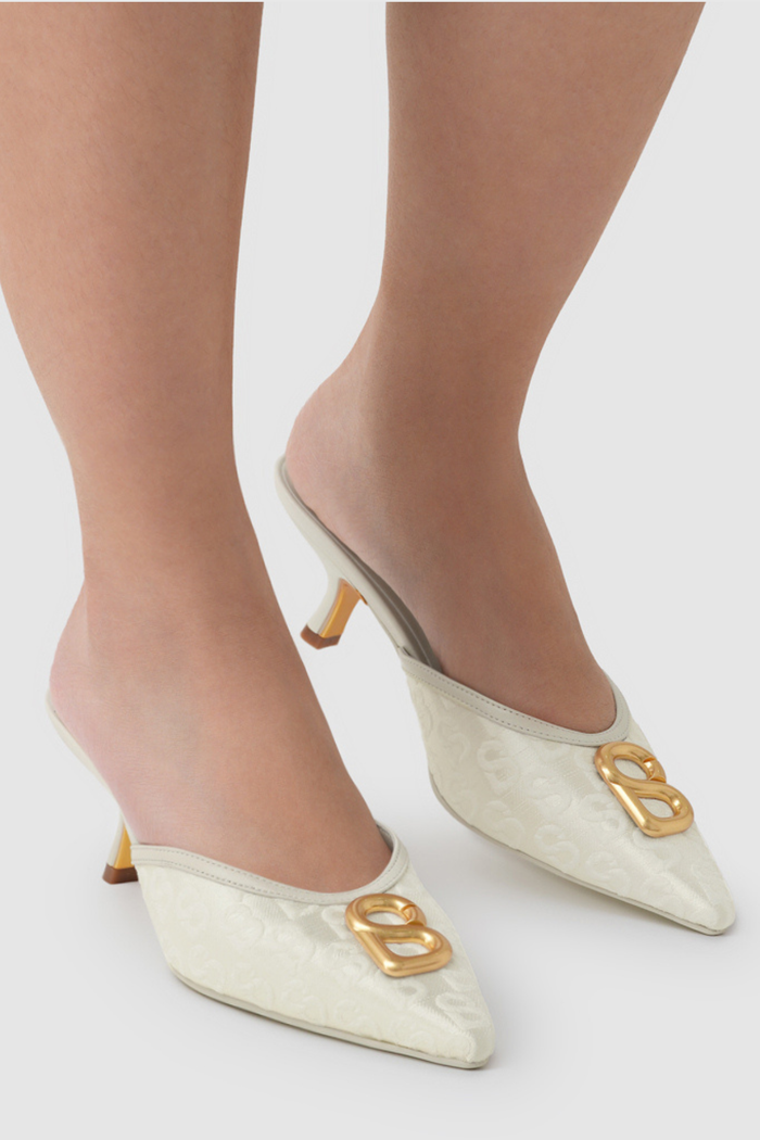 signature jacquard mules in broken white by buttonscarves worn look
