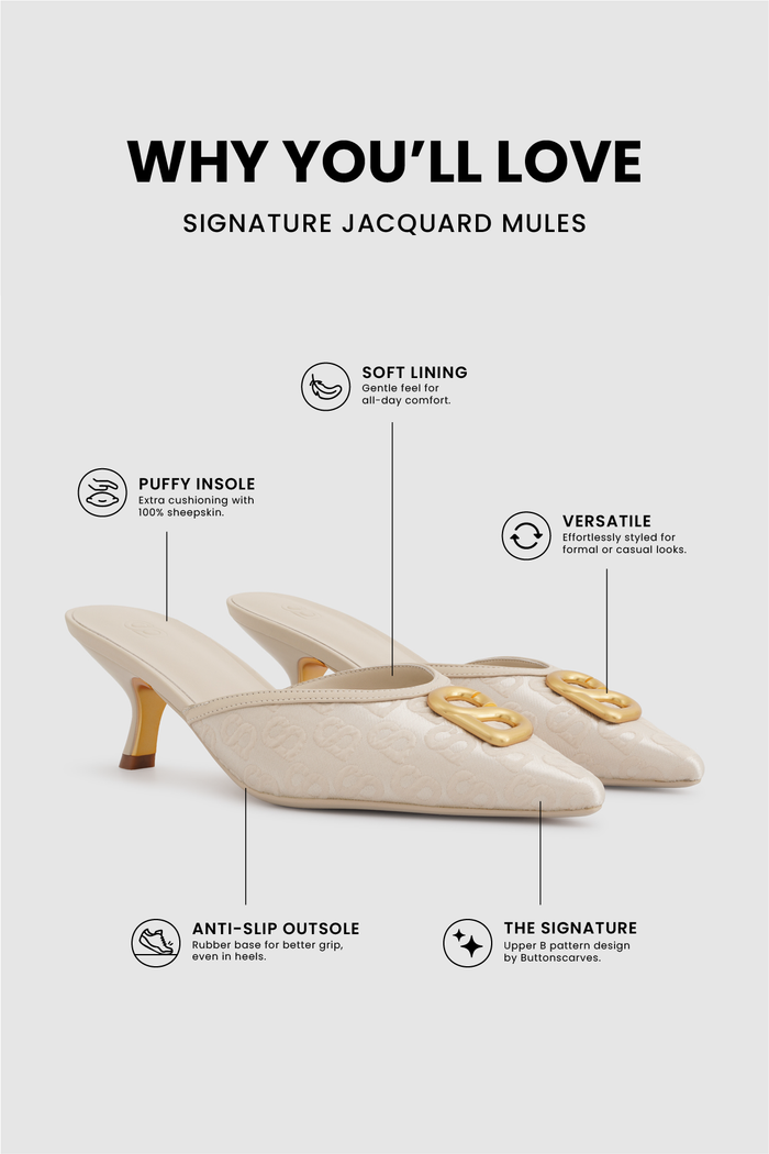 signature jacquard mules in nude by buttonscarves feature overview