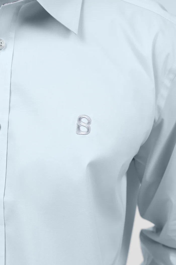 signature men popline shirt long sleeve in blue by buttonscarves signature b embroidery logo detail