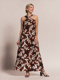 Brown floral sleeveless maxi dress, full front view in both images.