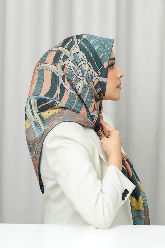 Silk Jacquard Square - Saddle Peach & Blue